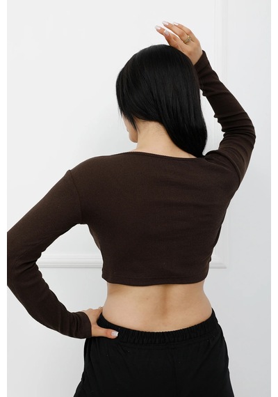 Modi Düğmeli Mini Crop Bady Kahve - P-020494 Altın - Siyah