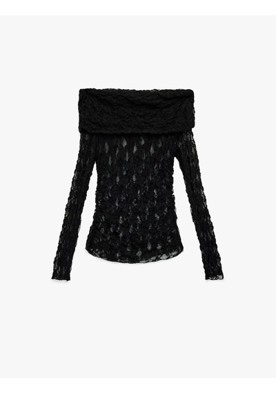 Koton Slim Fit Yarı Transparan Uzun Kollu Omzu Açık Dantel Bluz Siyah 6sak80151ek Siyah