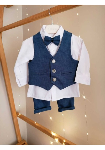 Concept Kids Papyonlu Yelekli Bej 4'lü Klasik Erkek Bebek Takım Özel Gün Kıyafeti Düğün Bebek Hediyesi Lacivert