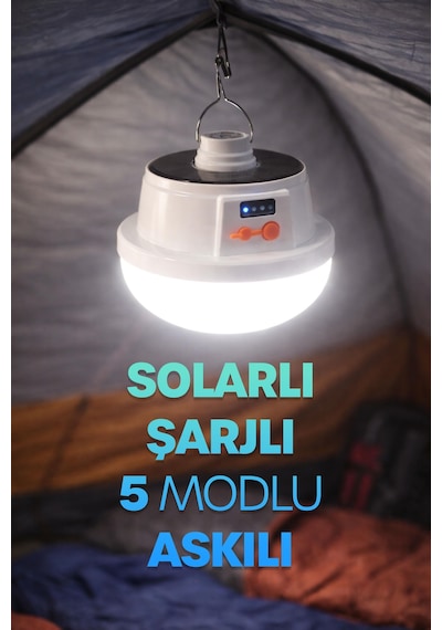 Şarjlı Solarlı Kamp Lambası 5 Modlu Orta-yüksek Işık Sos Askılı Işıldak Kamp El Feneri 47724 Beyaz
