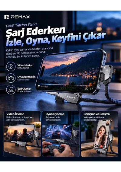 Remax Cb53-cc Enjoy Serisi 240w Pd Type-c To Type-c Telefon Standlı Hızlı Şarj Ve Data Kablosu 1.2 Metre Siyah