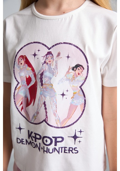Defacto Kpop - Demon Hunters Lisanslı Regular Fıt Elastik Bel 2li Ekru Pijama Takımı Kız Çocuk H8098a826smer105 Ekru-er105