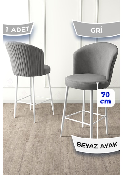 Canisa Fora Serisi 1 Adet Gri Sandalye Ada Mutfak Bar Sandalyesi Beyaz Metal Ayaklı Babyface Kumaş Gri Sandalye Beyaz Ayak