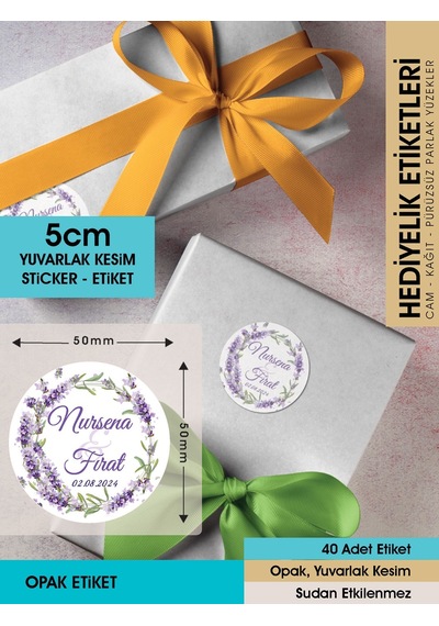 Sulu Boya Lavanta Çiçeği Modeli Düğün, Hediyelik Etiketi 5cm - 40 Adet Opak Sticker Renkli