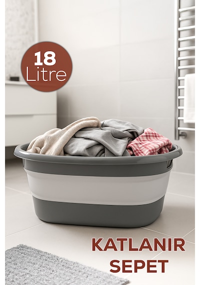 Porsima L-00959-2 Akordiyon Katlanır Sepet Katlanabilir Çamaşır Sepeti Orta Boy Katlanır Çamaşır Sepeti 18 Lt Gri