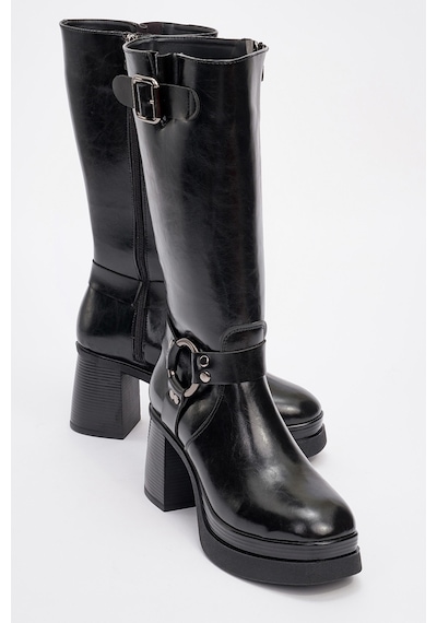 Luvishoes Luvi Shoes Rock Siyah Cilt Tokalı Fermuarlı Kadın Platform Topuklu Çizme Siyah