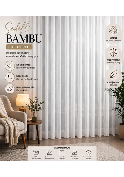 Ütü İstemez Sedefli Lüx Bambu Model Tül Perde 1/2 Seyrek Pileli Modern-şık Özel Ölçü Ekru