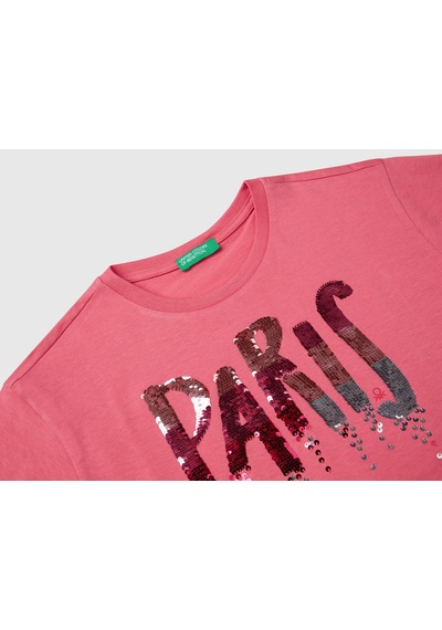 United Colors Of Benetton Benetton Kız Çocuk Önü Payet İşlemeli Baskılı T-shirt Pembe