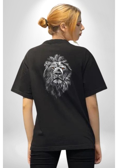 Aslan Karizma Sert Bakış Pamuklu Unisex Oversize Sırt Dijital Baskılı Siyah T-shirt Siyah