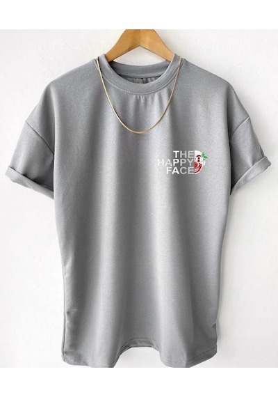 Hırsch Unisex Oversize Gri Bisiklet Yaka The Happy Face Baskılı T-shirt Gri