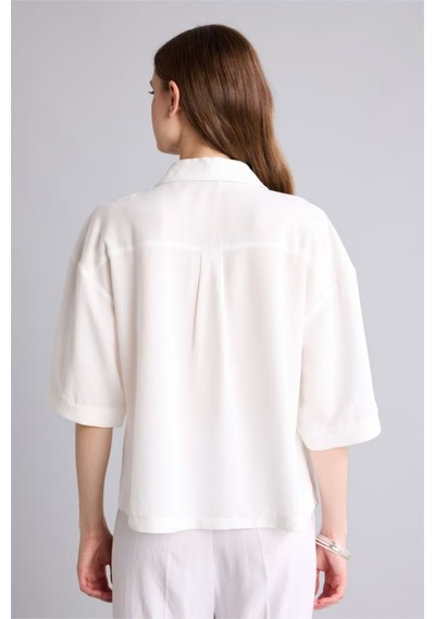Kadın Beyaz Oversize Keten Görünümlü Gömlek Kısa Kollu Düğmeli Rahat Kalıp Yazlık Gömlek Basic Bluz
