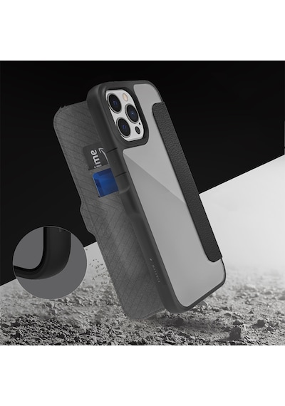 Apple Uyumlu iPhone 13 Pro Max Kılıf Vegan Deri Tasarımlı Şeffaf Kartlıklı Raptic Urban Folio Serisi Kapak Siyah