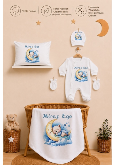 Pia Baby Erkek Bebek Tulum Seti İsim Baskılı %100 Pamuk Yastık Kılıfı Ve Battaniye 1089tyb3x Ekru