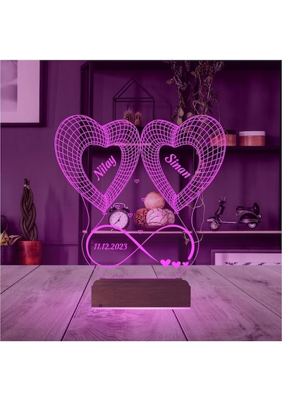 Luvivia 2 Kalp Sonsuzluk Sevgiliye Hediye Kişiye Özel 3d Lamba - Masa Gece Lambası V1