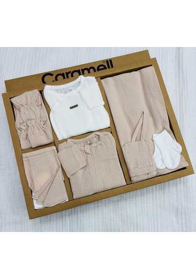 Caramell Müslin 10'lu Set Yazlık Hastane Çıkışı Zıbın Seti Bej