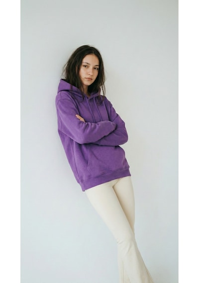 Hoxie Unisex Rahat Kesim Pamuklu Yumuşak Dokulu İçi Polarlı Basic Desenli Kapüşonlu Sweatshirt Mor