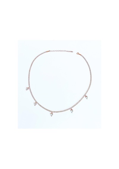 Sarkık Kalp Taşlı 2 Mm Suyolu Zincirli Gümüş Kolye Rose Gold
