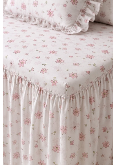 Vintage Pastel Çiçek Desenli %100 Pamuk Fırfırlı Etekli Lastikli Çarşaf Takımı Çok Renkli