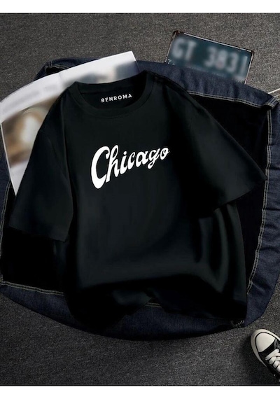 Oversıze Chicago Baskılı Unısex Tisort Baskılı SIYAH