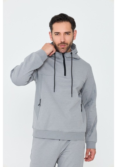White Stone Gri Kapüşonlu Yarım Fermuarlı Yandan Cepli Erkek Sweatshirt Grey