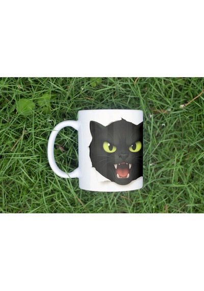 3d Görünümlü Siyah Kedi Figürlü Kupa Bardak Kedili Tasarım Bardak - Kabartmasız Beyaz