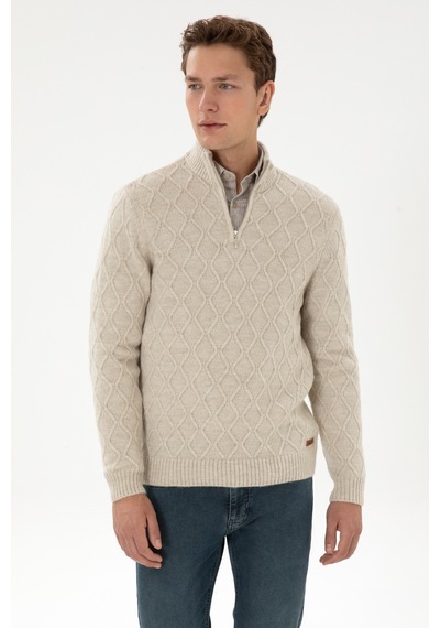 U.S. Polo Assn. Erkek Regular Fit Yarım Fermuarlı Desenli Taş Kazak 50315035-VR049