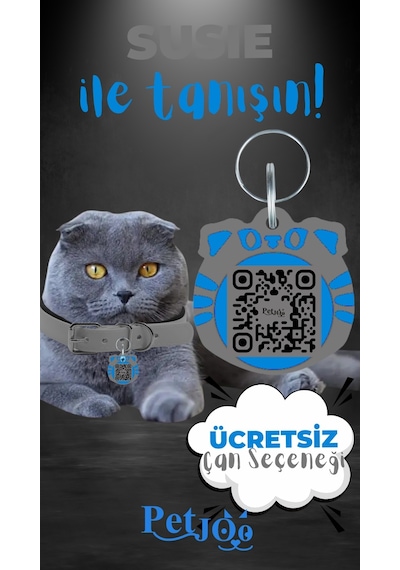 Petjoo 3.Susie Mavi-Gri Qr'lı Kedi Künyesi