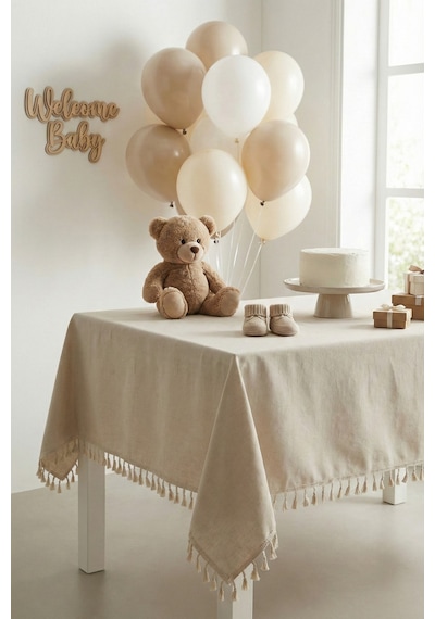 Keten Püsküllü Organizasyon Keten Masa Örtüsü Baby Shower, Doğum Günü, Nişan İçin Bohem Vintage Örtü Bej Keten Püsküllü Organizasyon Keten Masa Örtüsü Baby Shower, Doğum Günü, Nişan İçin Bohem Vintage Örtü Bej