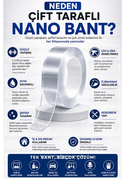 Çift Taraflı Şeffaf Nano Bant 18 Mm X 1 Metre Güçlü Yapışkan İz Bırakmayan Suya Dayanıklı Montaj Ban