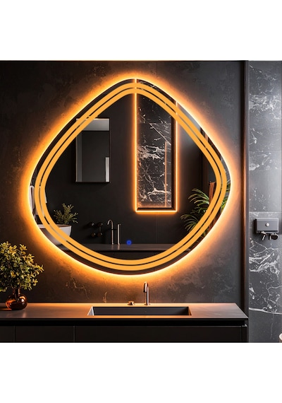 Nomari Amber Led'li Lazer Kumlamalı Lavabo & Banyo Aynası Dokunmatik Sensörlü 100 X 100 Cm Turuncu