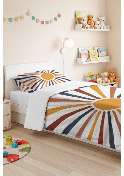 Güneş Işınları Bohem Genç Odası Tek Kişilik Pike Takımı - Retro Kiremit 160x220 Cm Yatak Örtüsü Beyaz