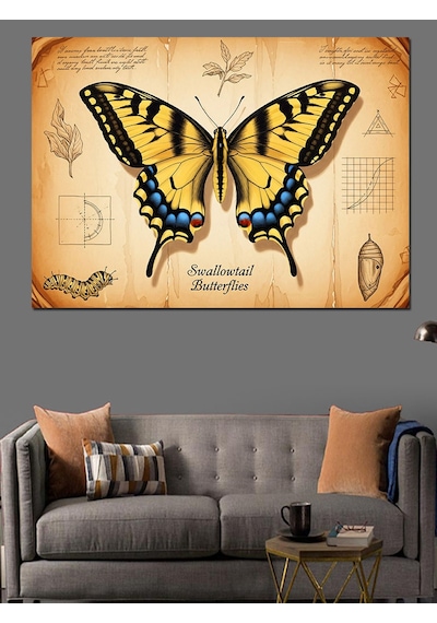 Swallowtail Butterflies Sarı Kırlangıç Kuyruklu Kelebek Eskiz Fonlu Dekoratif Kanvas - Mdf Ahşap Tablo
