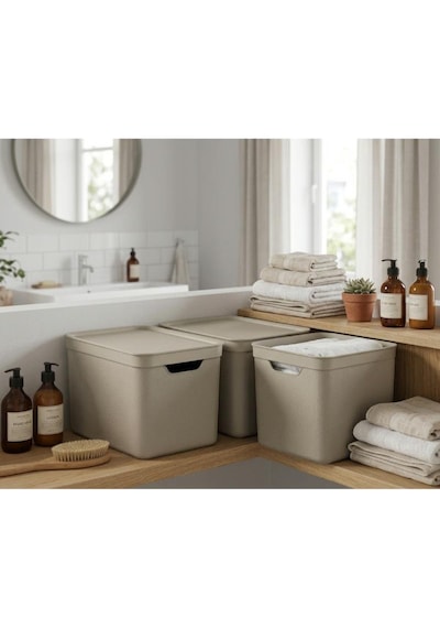 Jive Deco Kapaklı Depolama Kutusu 16 L 3'lü Set Cappucino
