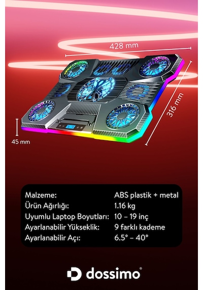 Nitro Rgb Işıklı 9 Fanlı Lcd Göstergeli 2 Usb Girişli Yükselebilen Notebook Soğutucu S24