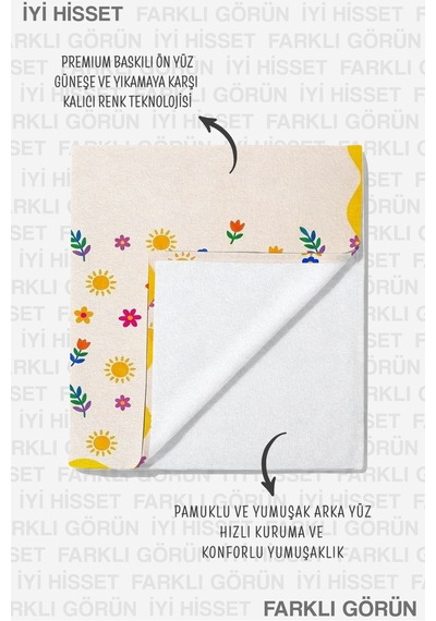 Çiçekli Güneş Temalı Renkli Plaj Havlusu - Bohem Retro Sarı Ekru Hızlı Kuruyan Mikrofiber Havlu Serin Kıyısı