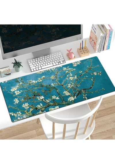 Van Gogh Desenli Masa Pedi 60x30 Cm 3 Mm Kaymaz Tabanlı Desk Mat Kumaş Mouse Pad Ofis Home Office İçin Geniş Pürüzsüz Yüzey Açık Yeşil