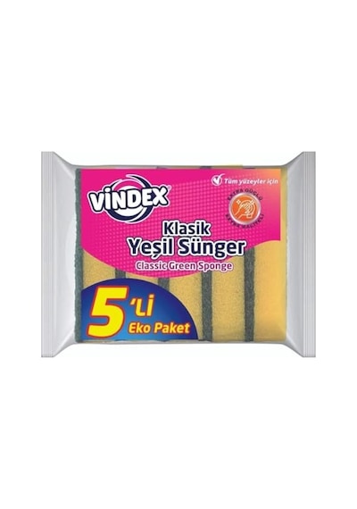 Vindex Klasik Yeşil Bulaşık Süngeri, 5'li Ekonomik Paket, Mutfak Temizliği İçin