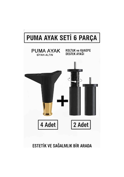 Puma 15 Cm Siyah-altın 6'lı Set Mobilya Kanepe Tv Ünitesi Dolap Konsol Ve Destek Ayağı Siyah-altın