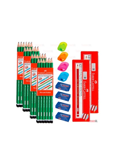 Faber Castell 4 Kurşun Kalem + 2 Kırmızı Kalem +  4 Silgi + 4 Açacak