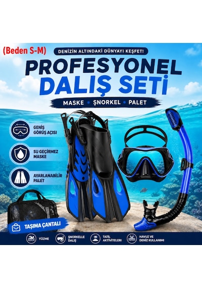Hymark Full Dalış Seti S-m Beden Maske Şnorkel Palet Ayarlanabilir Profesyonel Deniz Seti Taşıma Çantalı Mavi - Siyah