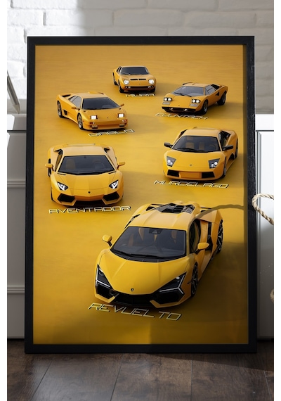 Lamborghini Family Araba Siyah Ahşap Çerçeveli Poster, Dekoratif Duvar Tablosu