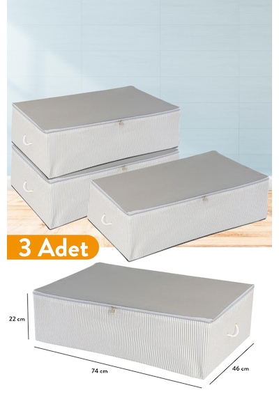 Serstil 3 Adet - Mega Boy Baza Altı Antrasit Çizgili Hurç 74 X 46 X 22 Cm