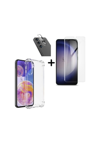 Samsung Galaxy S24 Plus Uyumlu Kılıf Şeffaf Temperli Kırılmaz Cam Ekran Ve Kamera Lens Koruyucu Seti