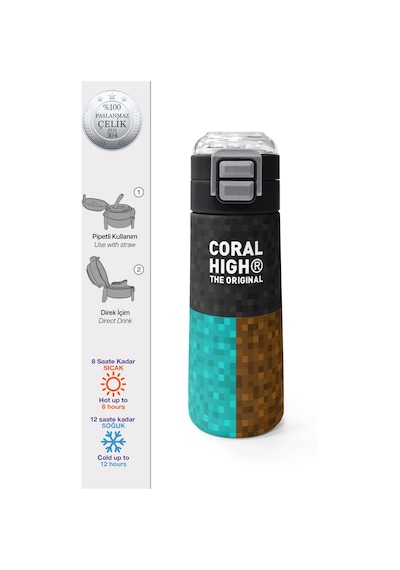 Coral High Kids High Craft Desenli Pipetli Ve Direkt İçim Çelik Termos 500 Ml 38116 Yeşil