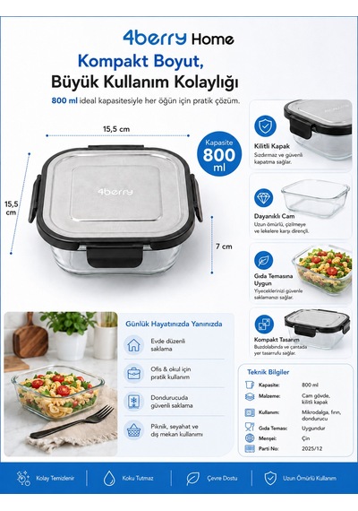 800 Ml Kilitli Cam Saklama Kabı İnoks Kapaklı Yemek Ve Kahvaltılık Kabı Şeffaf