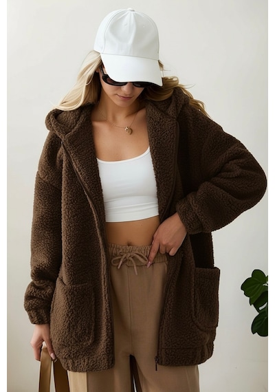 Aclassics Peluş Kuzu Kıvırcık Torba Cepli Kolej Mont Siyah Ks2526 Kahverengi