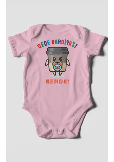 Gece Vardiyası Bende Baskılı Bebek Zıbını Çıtçıtlı Body %100 Pamuk Kısa Kol Koyu Pembe