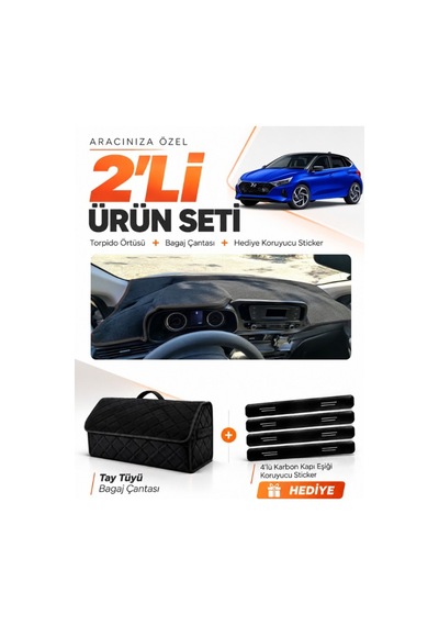 E-biz Hyundai İ20 2020-2024 Uyumlu Torpido Örtüsü + Tay Tüyü Bagaj Çantası Seti - Siyah - Hu003