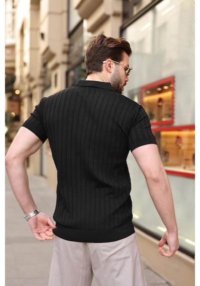 Siyah Polo Yaka Slim Fit Triko Erkek Tişört E7465 Siyah