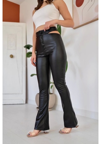 Defymoda Siyah Bel Detaylı Deri Pantolon Siyah
